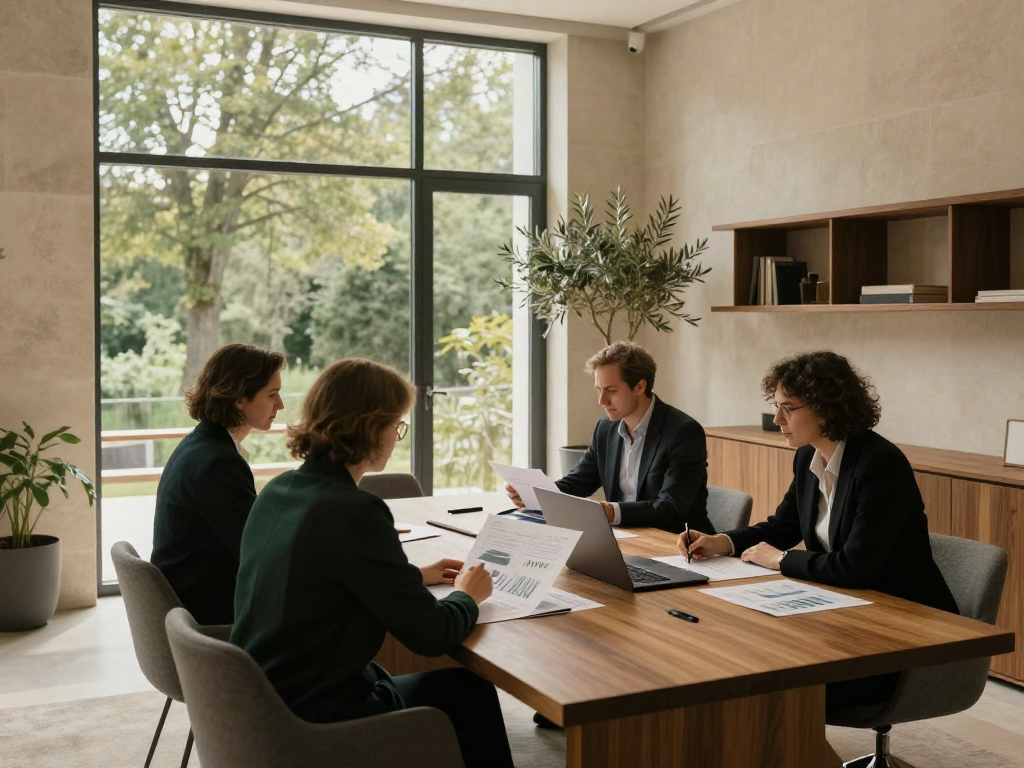 Consultants reviewing business data together in a sunlit European office